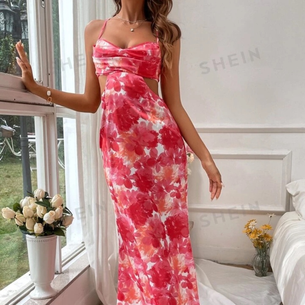 Floral print ruched cutout dress